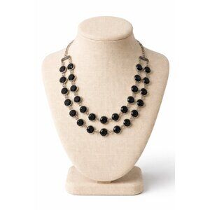 Black Faceted Statement Necklace Silver Tone Double Strand Adjustable Choker Ear